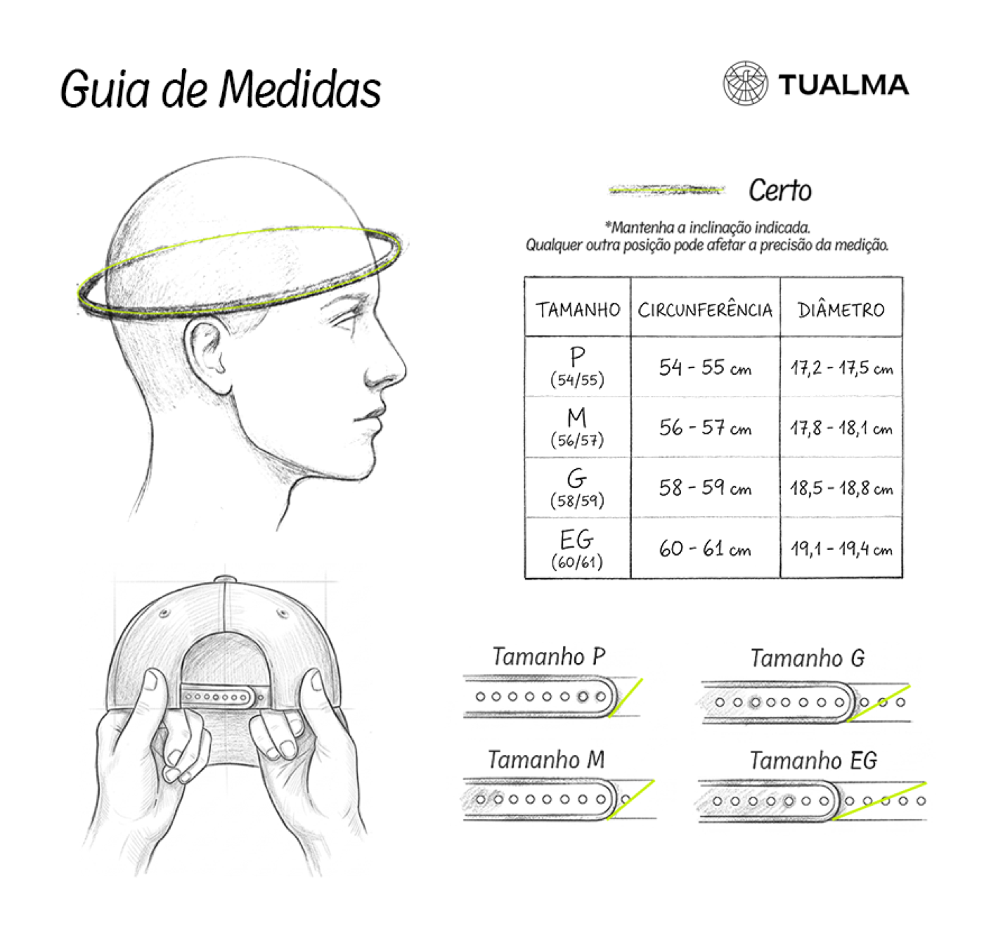 Guia de Medidas Tualma — como medir a cabeça e tabela de tamanhos P, M, G e EG
